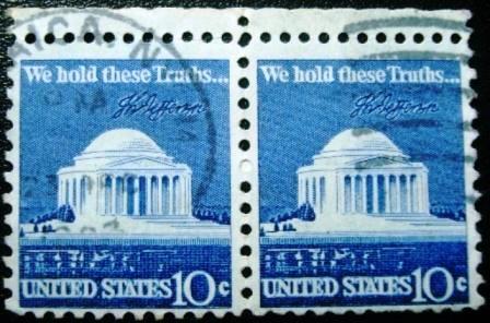 Par de selos postais dos Estados Unidos de 1973 Jefferson Memorial 10 YA
