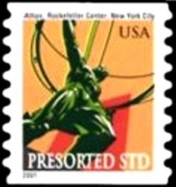 Selo postal dos Estados Unidos de 2001 Atlas Statue Rockfeller Center