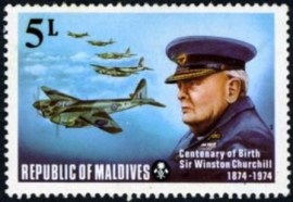 Selo postal das Maldivas de 1974 Churchill and De Havilland Mosquito bombers
