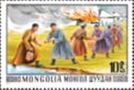 Selo postal da Mongólia de 1977 Bucket Brigade Fighting Fire