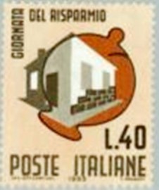 Selo postal da Itália de 1965 Piggy Bank and House