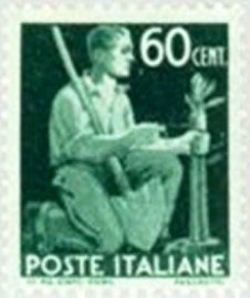Selo postal da Itália de 1945 Gardener Tying Sapling to Stake