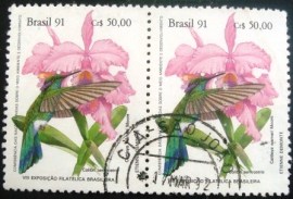Par de selos do Brasil de 1991 Colibri e Catleya