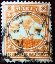 Selo postal de Malta de 1911 Gozo fishing boat 37 U