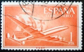 Selo postal da Espanha de 1955 Superconstellation and Santa Maria 1