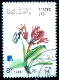 Selo postal do Laos de 1988 Plumeria Rubra