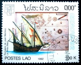 Selo postal do Laos de 1992 Sailing ships and maps