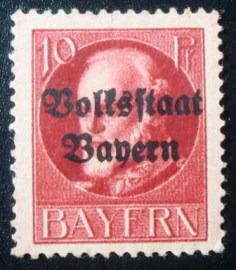 Selo postal da Alemanha Baviera de 1919 Volksstaat on Ludwig III 10