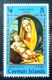 Selo postal das Ilhas Cayman de 1969 The Virgin and Child about cobalto