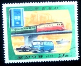 Selo postal da Coréia do Norte de 1977 Railway ship and trucks