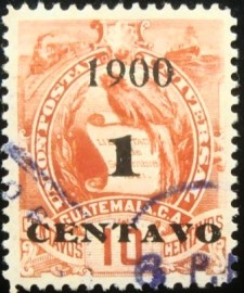 Selo postal da Guatemala de 1900 National Emblem surcharged in red 1c on 10c