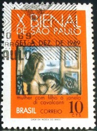 Selo postal do Brasil de 1969 Mulher com Filho à Janela