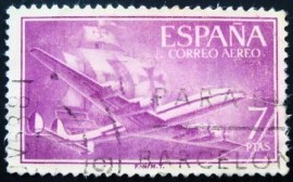 Selo postal Espanha 1956Superconstellation and 'Santa Maria'
