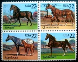 Quadra de selos postais dos Estados Unidos de 1985 Horses