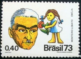 Selo postal do Brasil de 1973 Monteiro Lobato e Emília