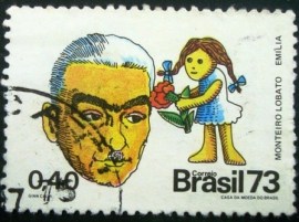 Selo postal do Brasil de 1973 Monteiro Lobato e Emília- C 806 U
