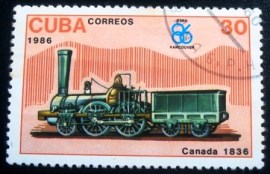 Selo postal de Cuba de 1986 1st Canadian locomotive 1836