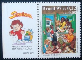 Selo do Brasil de 1997 Convivência Familiar com vinheta Senninha Boa Alimentação