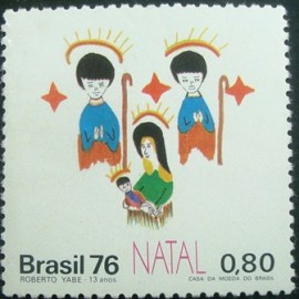 Selo postal do Brasil de 1976 Maria e Menino Jesus