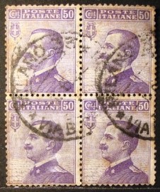 Quadra de selos postais da Itália de 1908 Vittorio Emanuele III