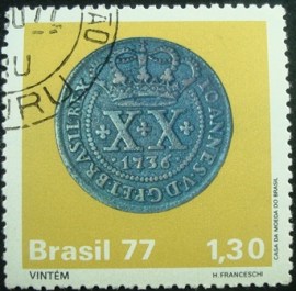 Selo postal do Brasil de 1977 Vintém - C 1002 M1D