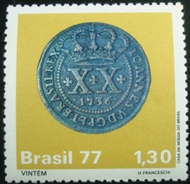 Selo postal do Brasil de 1977 Vintém - C 1002 N