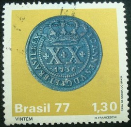 Selo postal do Brasil de 1977 Vintém - C 1002 U