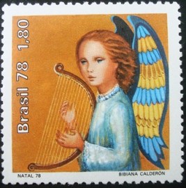 Selo postal do Brasil de 1978 Anjo com Lira