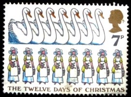 Selo postal do Reino Unido de 1977 Eight Maids-a-milking etc