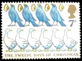 Selo postal do Reino Unido de 1977 Six Geese-a-laying etc