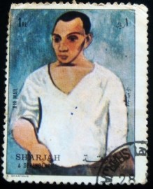 Selo postal de Sharjah de 1972 Self-portrait with Palette by Picasso