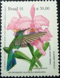 Selo postal do Brasil de 1991 Colibri e Catleya