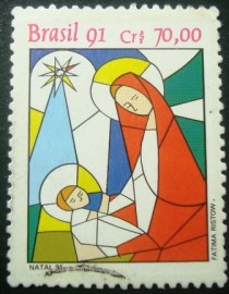 Selo postal do Brasil de 1991 Jesus e Nossa Senhora