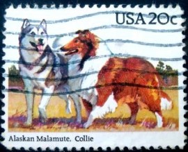 Selo postal dos Estados Unidos de 1984 Alaskan Malamute e Collie