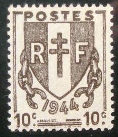 Selo postal da França de 1945 broken chains 10