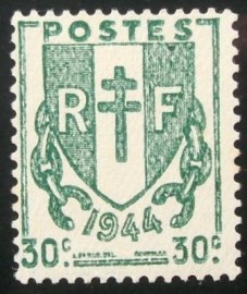 Selo postal da França de 1945 broken chains 30
