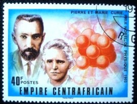 Selo postal da Rep. Centro Africana de 1977 Pierre and Marie Curie
