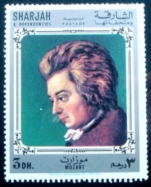 Selo postal de Sharjah de 1970 W. A. Mozart