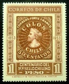 Selo postal do Chile de 1953 100 Years Chilean Stamps