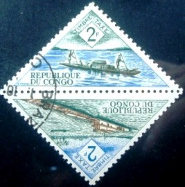 Par de selos postais da Rep. Popular do Congo de 1961 Pirogue and River steamer