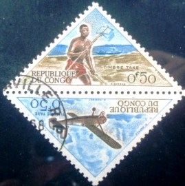 Par de selos postais da Rep. do COngo de 1961 Runner and Holste Broussard monoplane