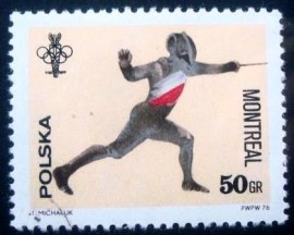 Selo postal da Polônia de 1976 Fencing and Olympic Rings