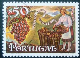 Selo postal de Portugal de 1970 Grapes and woman filling baskets