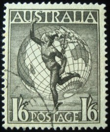 Selo postal da Nova Zelandia de 1956 Hermes e o Globo