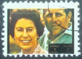 Selo postal do Emirado de Ajman de 1973 Queen Elizabeth II and Prince Philip
