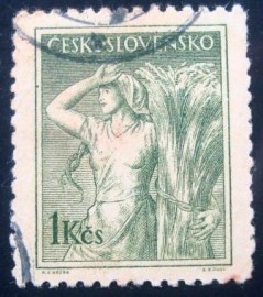 Selo postal da Tchecoslováquia de 1954 Woman bundling grain