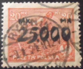 Selo postal da Polônia de 1923 Sowing Man Surcharged 25