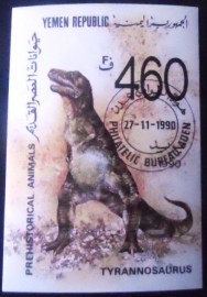 Bloco postal da Rep. Yemen de 1990 Tyrannosaurus
