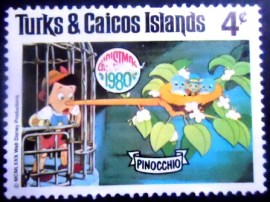Selo postal de Turcas & Caicos de 1980 Pinocchio with a long nose