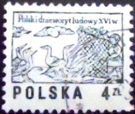 Selo postal da Polônia de 1977 Boy snaring geese